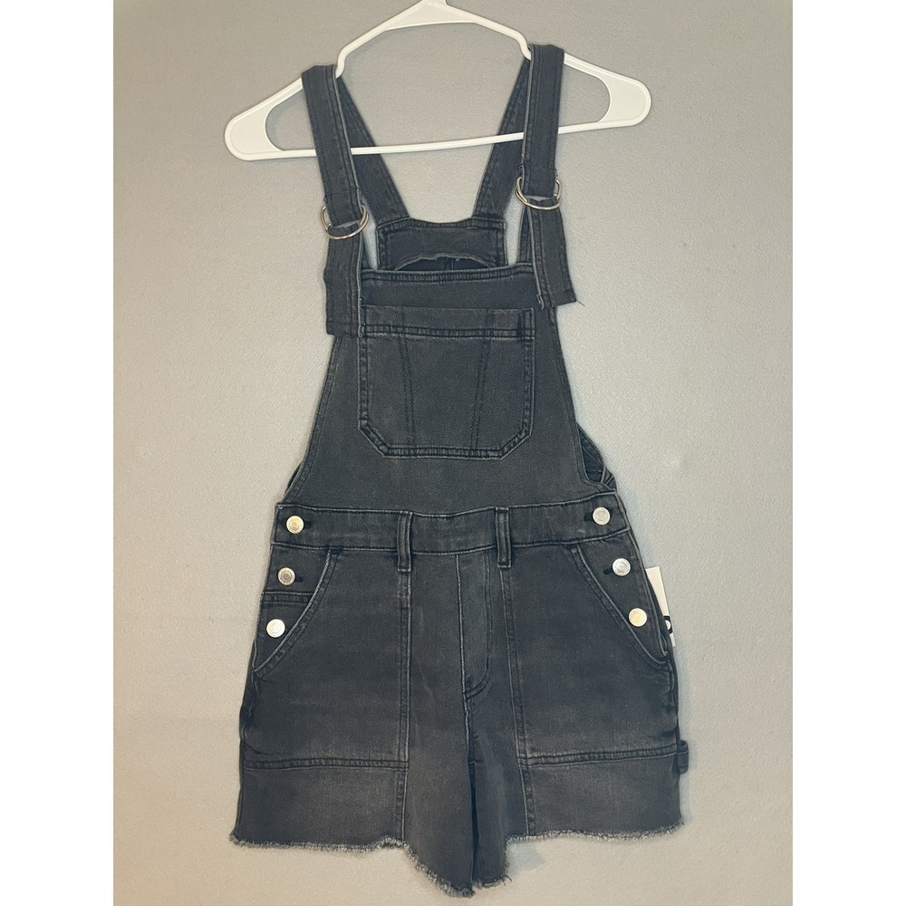 Black Denim Short Overalls Women's Size XS Grunge Faded Denim